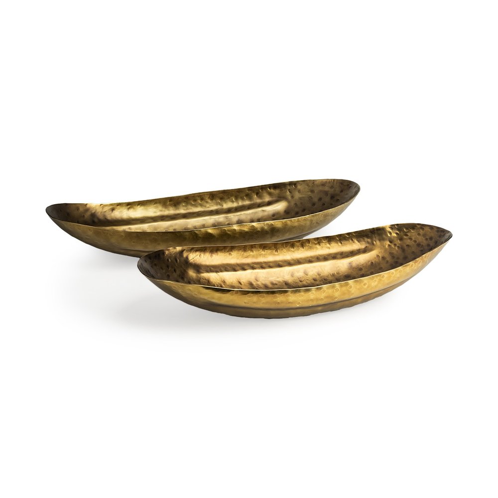 Set of Two Gold Hammered Metal Boat Shaped Decorative Bowls on a white background