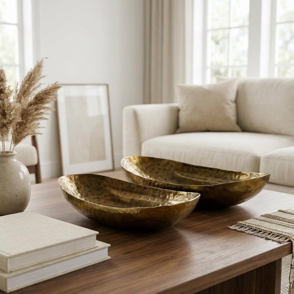 Set of Two Gold Hammered Metal Boat Shaped Decorative Bowls close-up detail