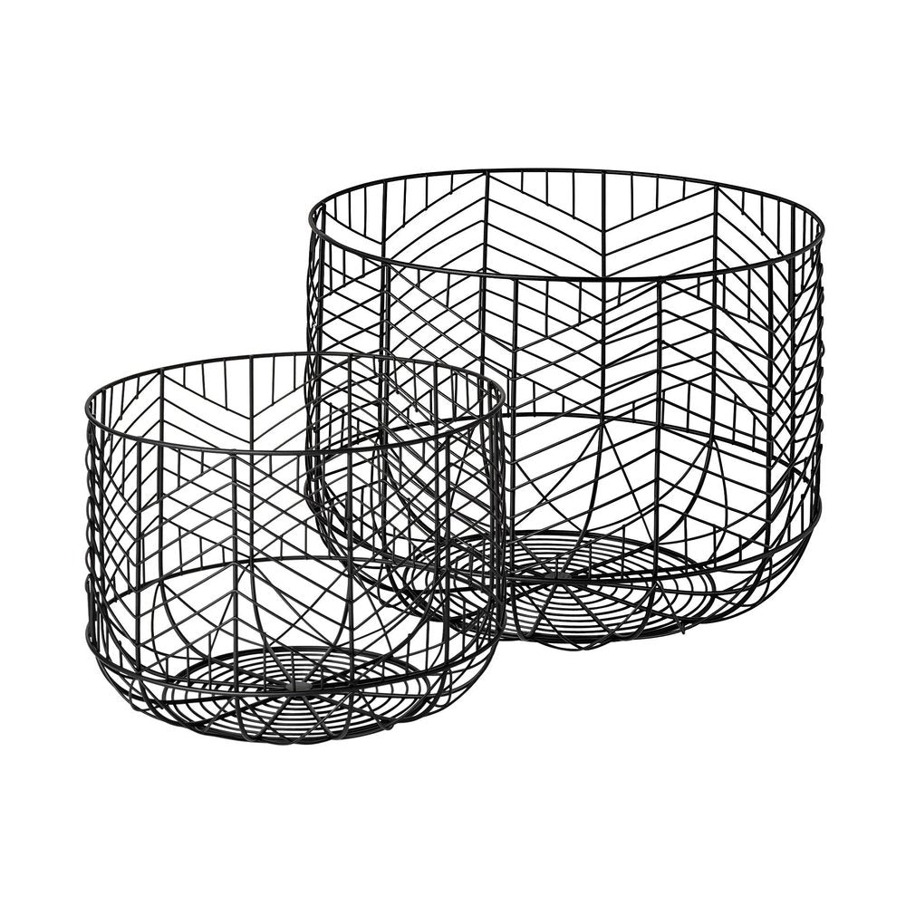 Two black wire baskets with geometric patterns on a white background.