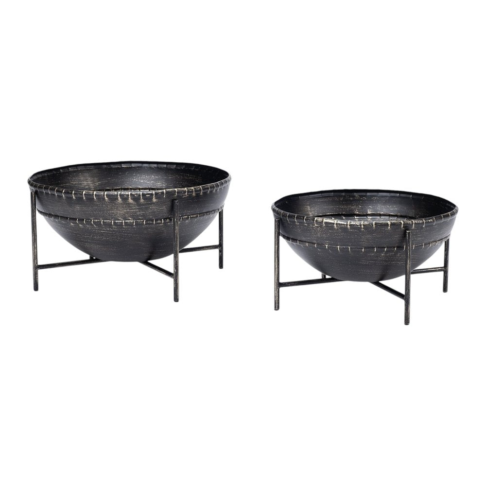Set of Two Black Metal Decorative Bowl - 8.3" H x 16" W x 16" D