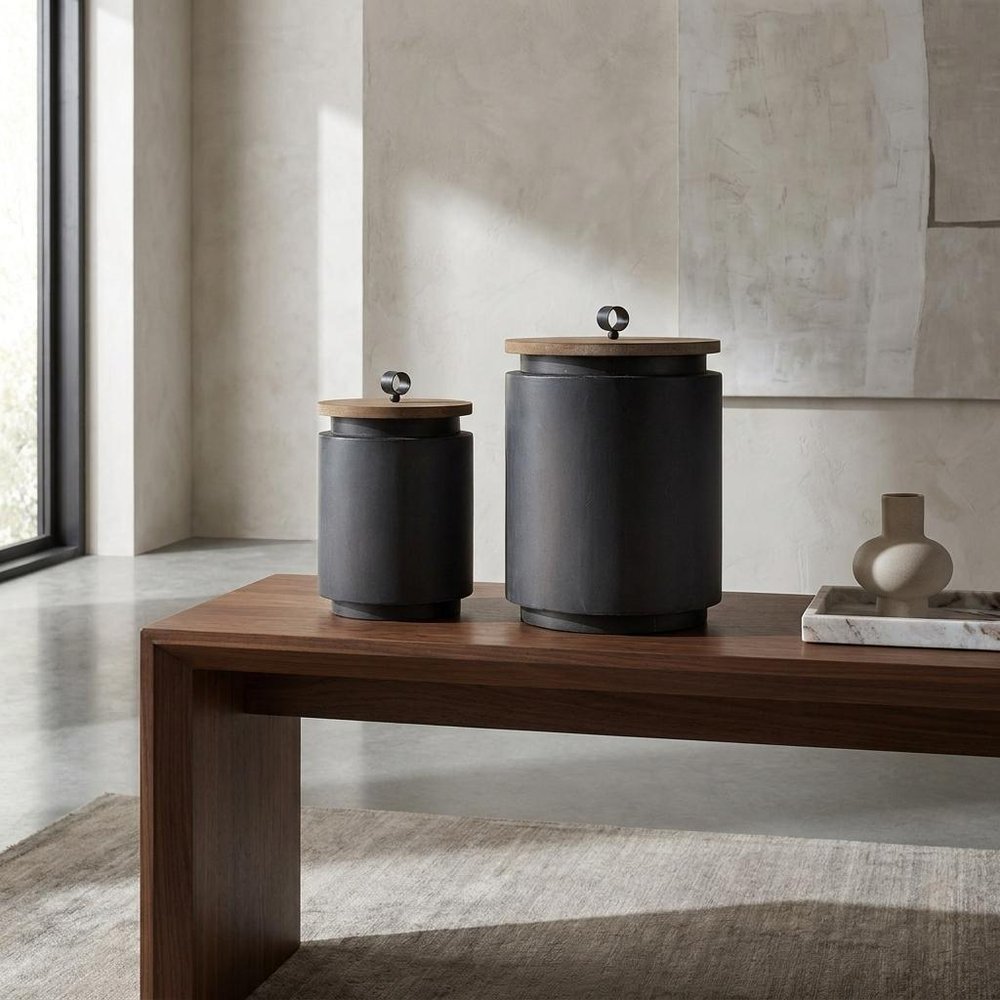 Set of Two Dark Gray Metal Decorative Canister in a home interior