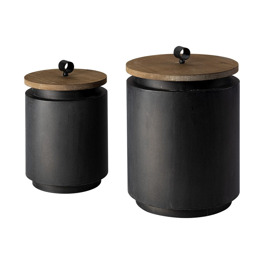 Two dark gray metal canisters with wooden lids and black metal handles on a white background.