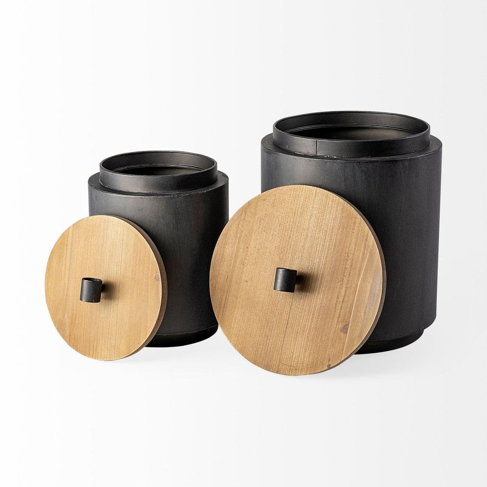 Set of Two Dark Gray Metal Decorative Canister on a white background