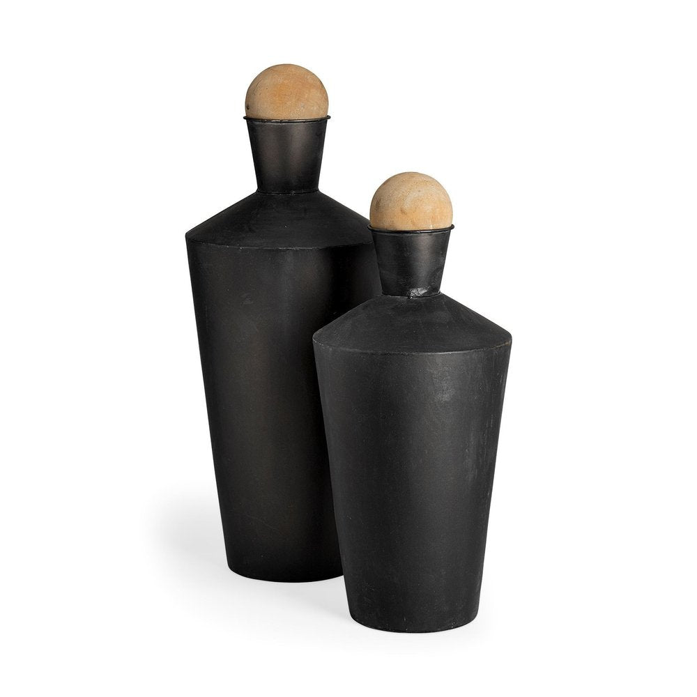 Set of Two Black and Brown Metal Cylindrical Urns on a white background