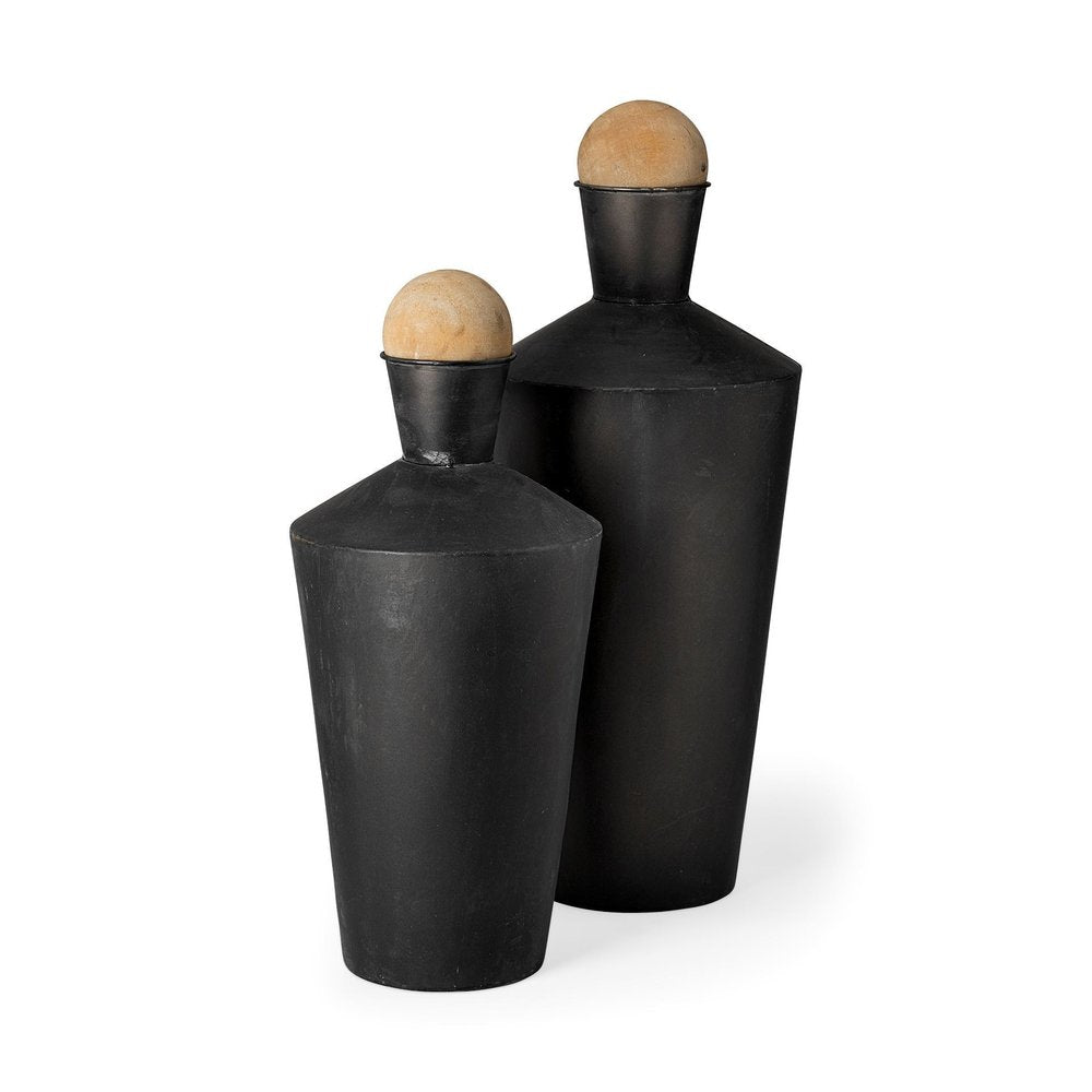Set of Two Black and Brown Metal Cylindrical Urns on a white background