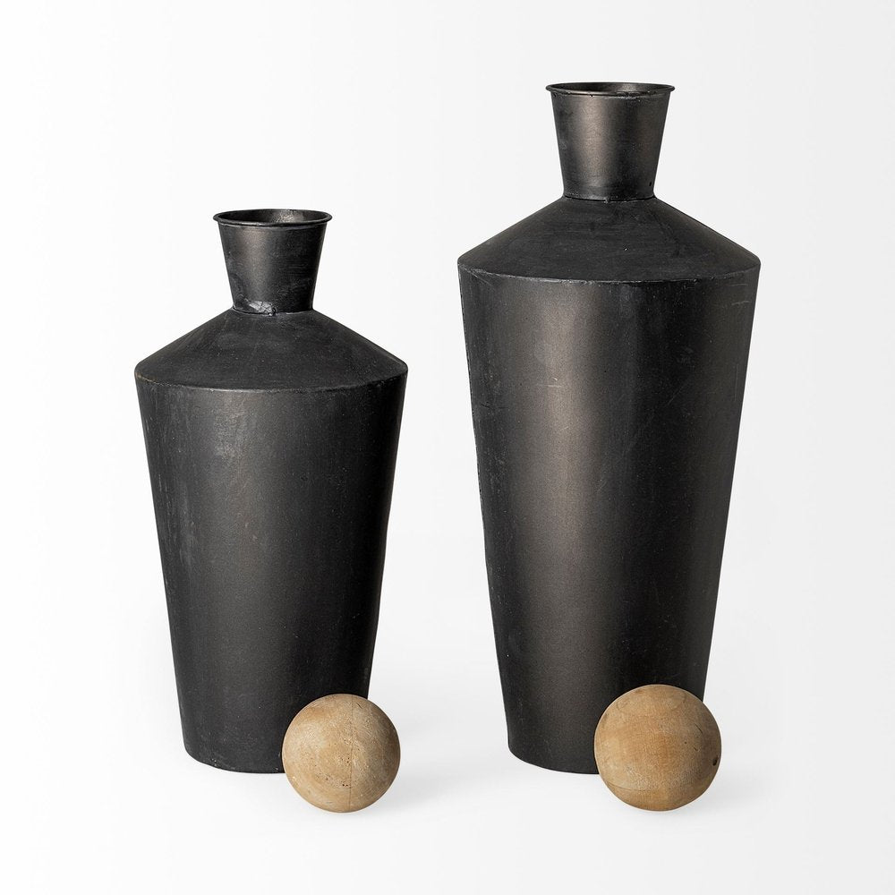 Set of Two Black and Brown Metal Cylindrical Urns on a white background