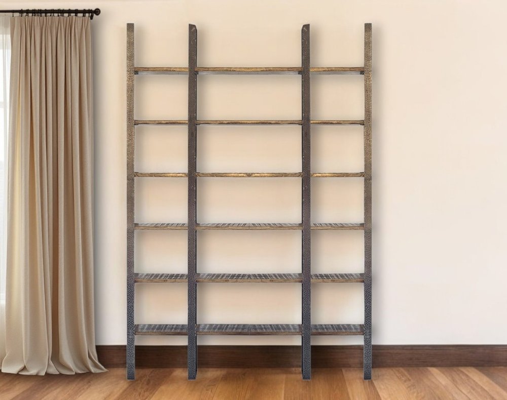 Brown Iron and Solid Wood Six Tier Bookcase - 90" H x 10.5" W x 80" D