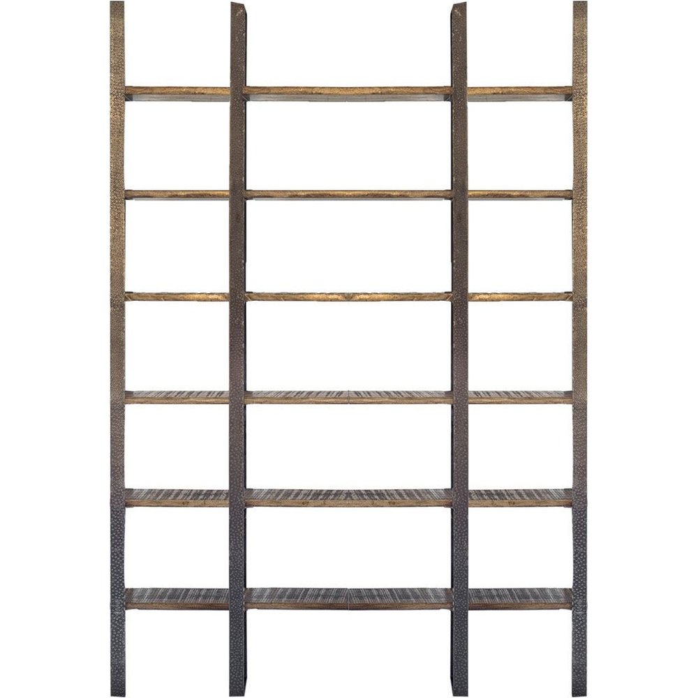 Brown iron and solid wood six-tier bookcase with a textured finish against a white background.