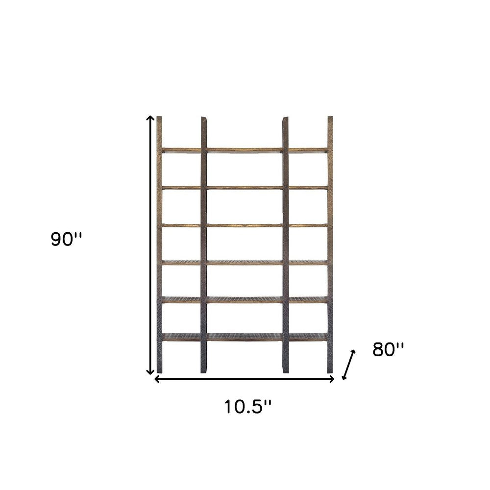 Brown Iron and Solid Wood Six Tier Bookcase - 90" H x 10.5" W x 80" D