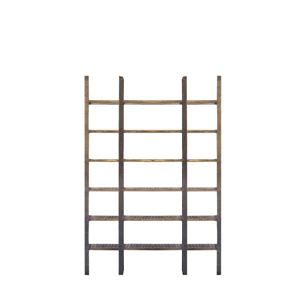 Brown Iron and Solid Wood Six Tier Bookcase - 90" H x 10.5" W x 80" D