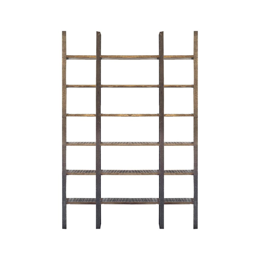 Brown Iron and Solid Wood Six Tier Bookcase - 90" H x 10.5" W x 80" D