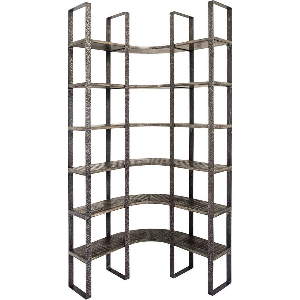 Brown Iron and Solid Wood Six Tier Bookcase - 90" H x 37" W x 39" D on a white background