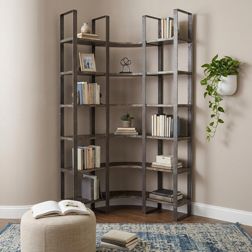 Brown Iron and Solid Wood Six Tier Bookcase - 90" H x 37" W x 39" D