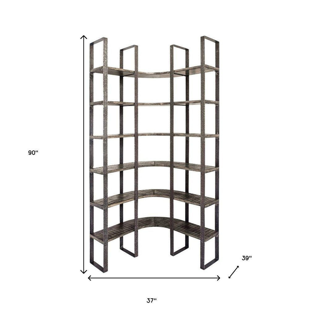 Brown Iron and Solid Wood Six Tier Bookcase - 90" H x 37" W x 39" D on a white background