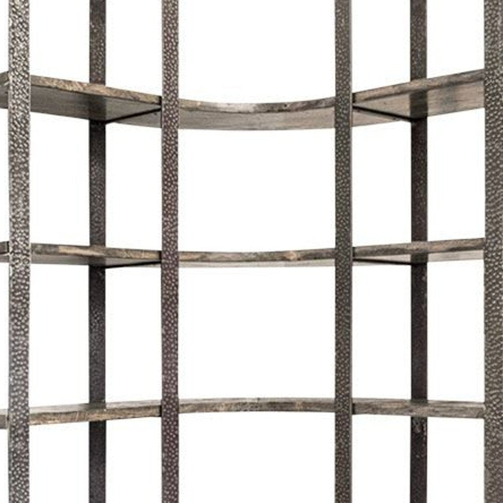 Brown Iron and Solid Wood Six Tier Bookcase - 90" H x 37" W x 39" D on a white background