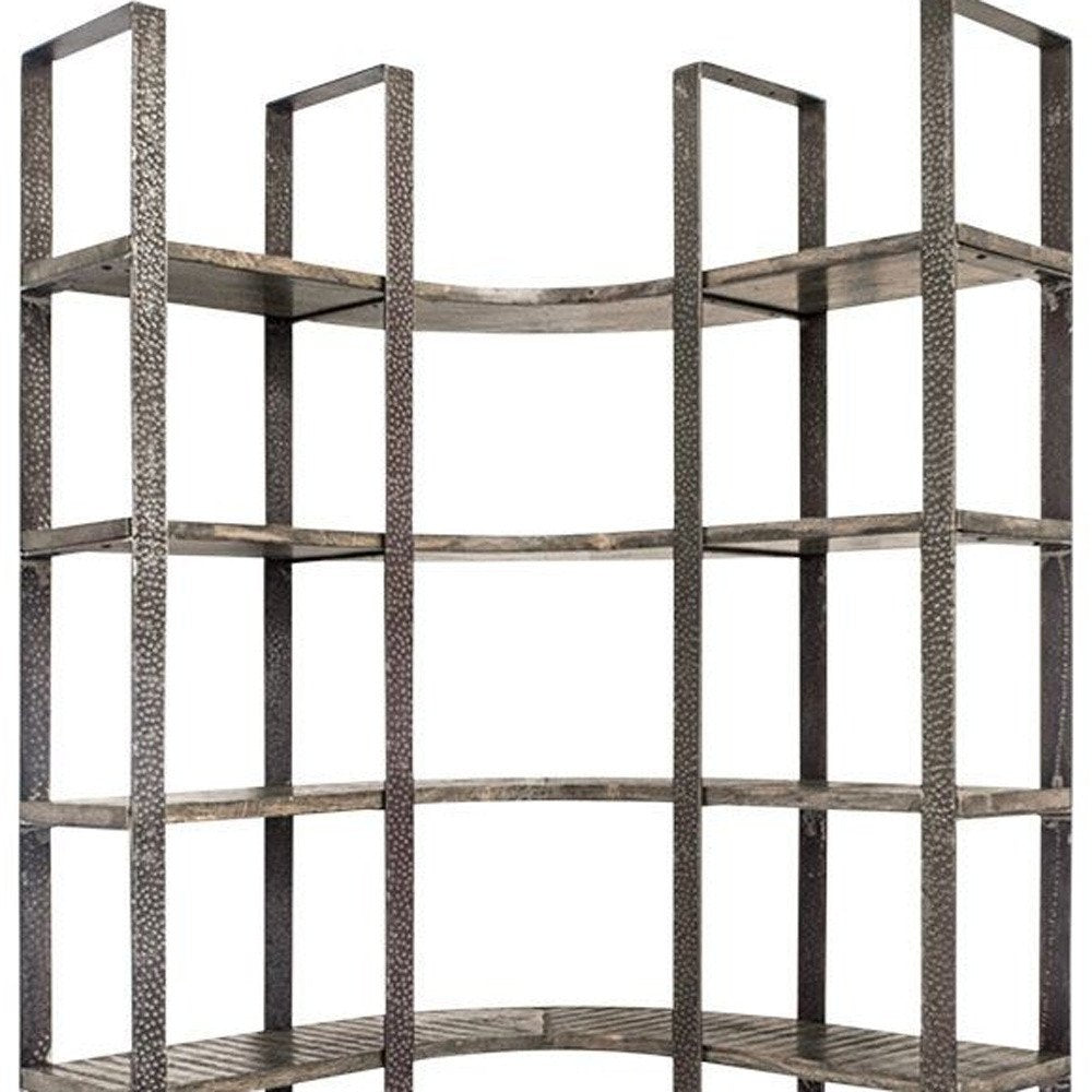 Brown Iron and Solid Wood Six Tier Bookcase - 90" H x 37" W x 39" D on a white background