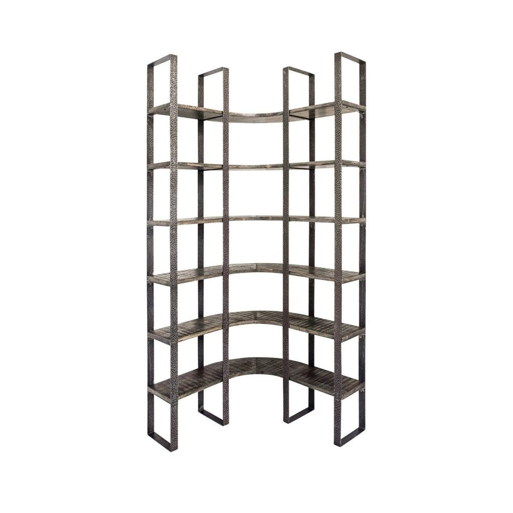 Brown Iron and Solid Wood Six Tier Bookcase - 90" H x 37" W x 39" D on a white background