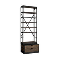 Black Iron and Solid Wood Five Tier Bookcase with Two Drawers on a white background