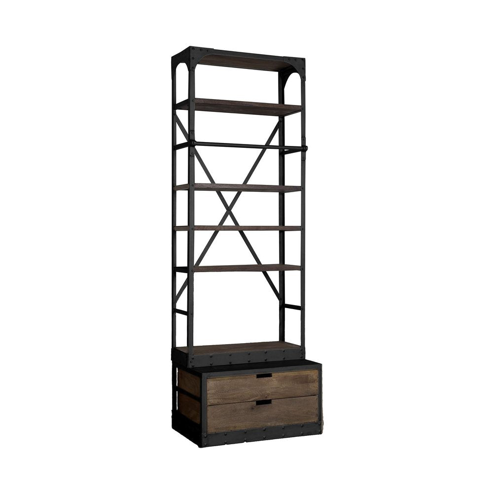 Tall black metal and dark wood five-tier bookcase with two drawers at the base against a white background.