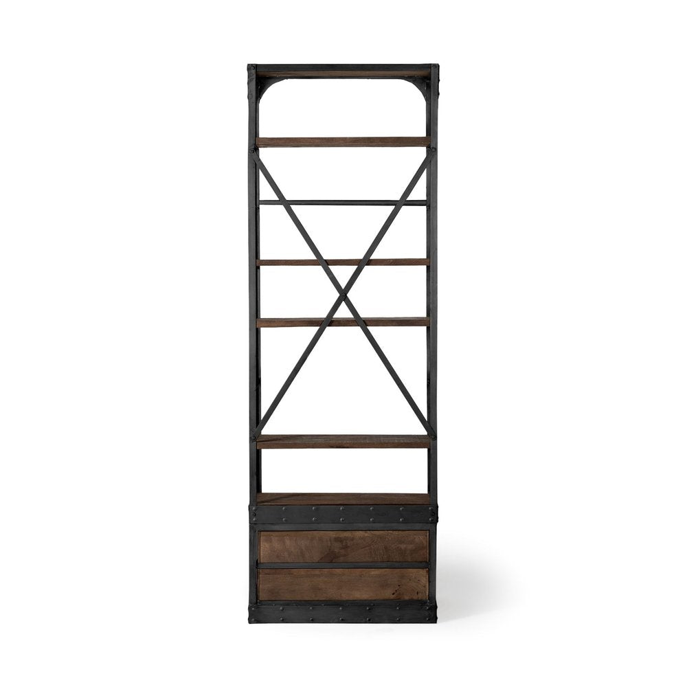Black Iron and Solid Wood Five Tier Bookcase with Two Drawers on a white background
