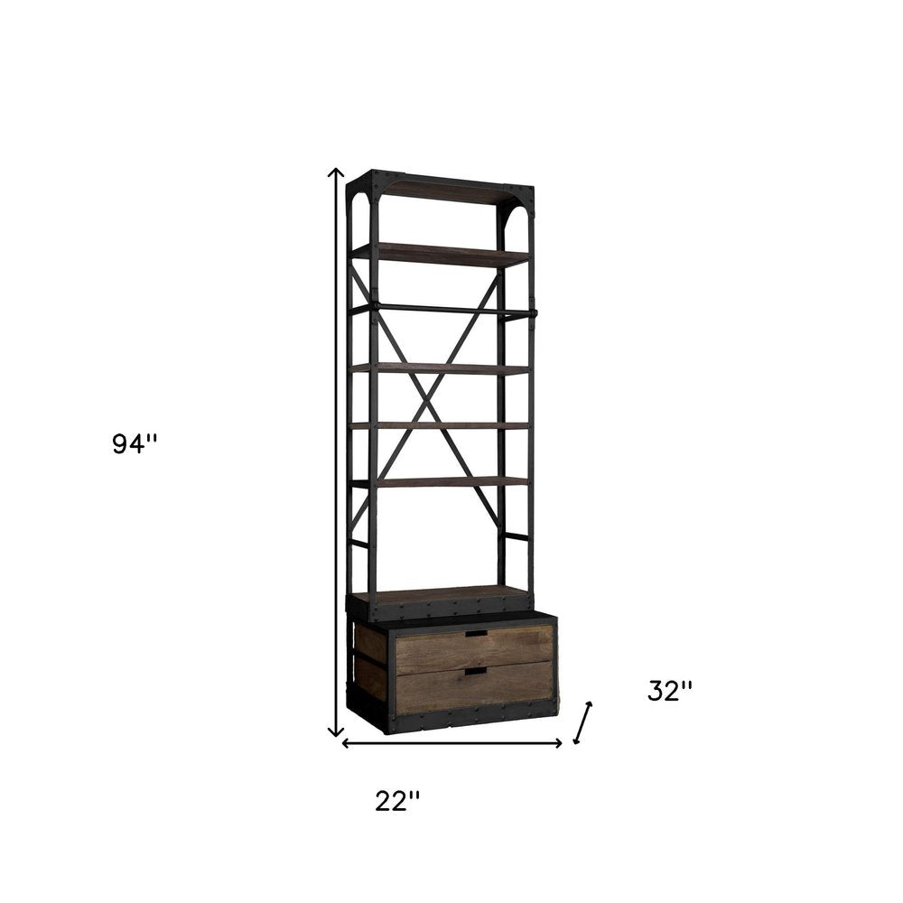 Black Iron and Solid Wood Five Tier Bookcase with Two Drawers on a white background