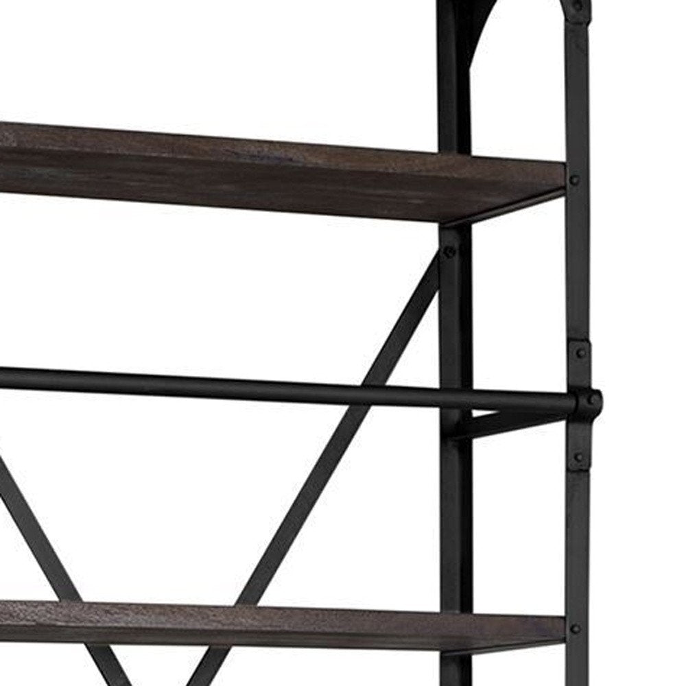 Black Iron and Solid Wood Five Tier Bookcase with Two Drawers on a white background