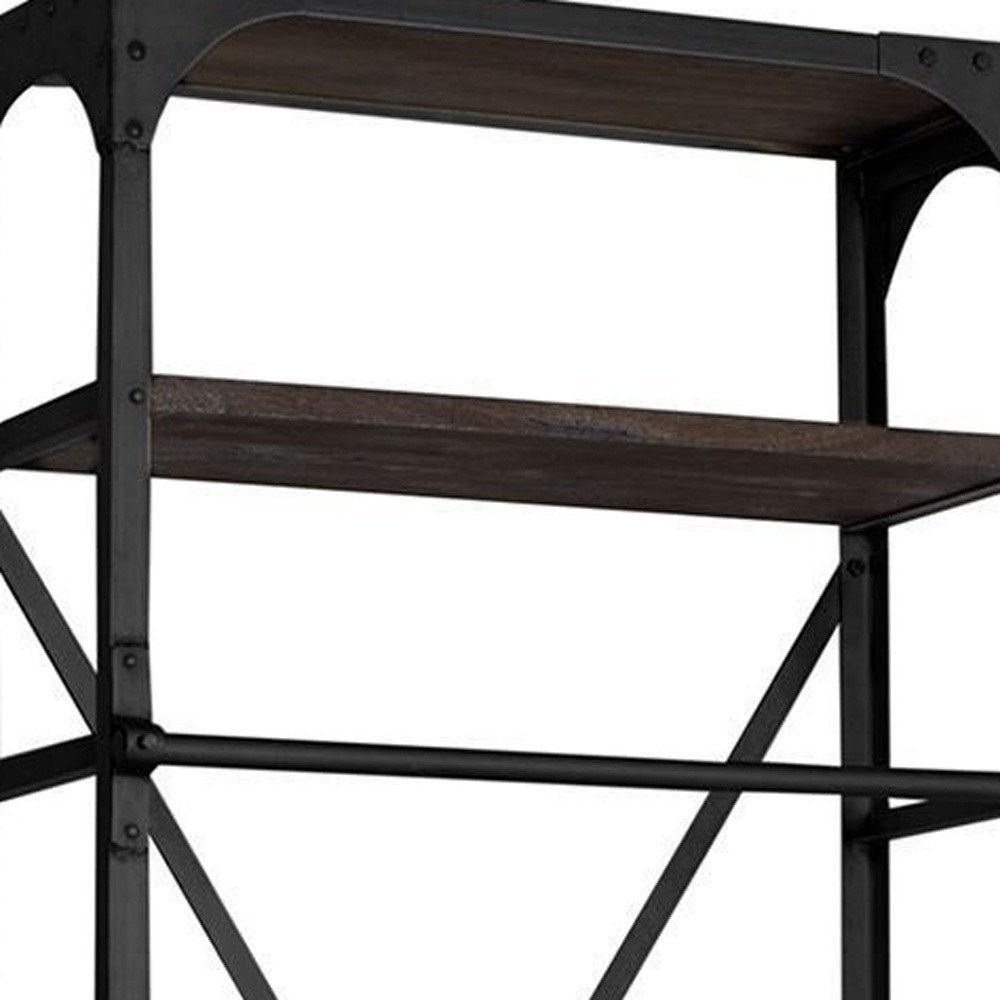 Black Iron and Solid Wood Five Tier Bookcase with Two Drawers on a white background