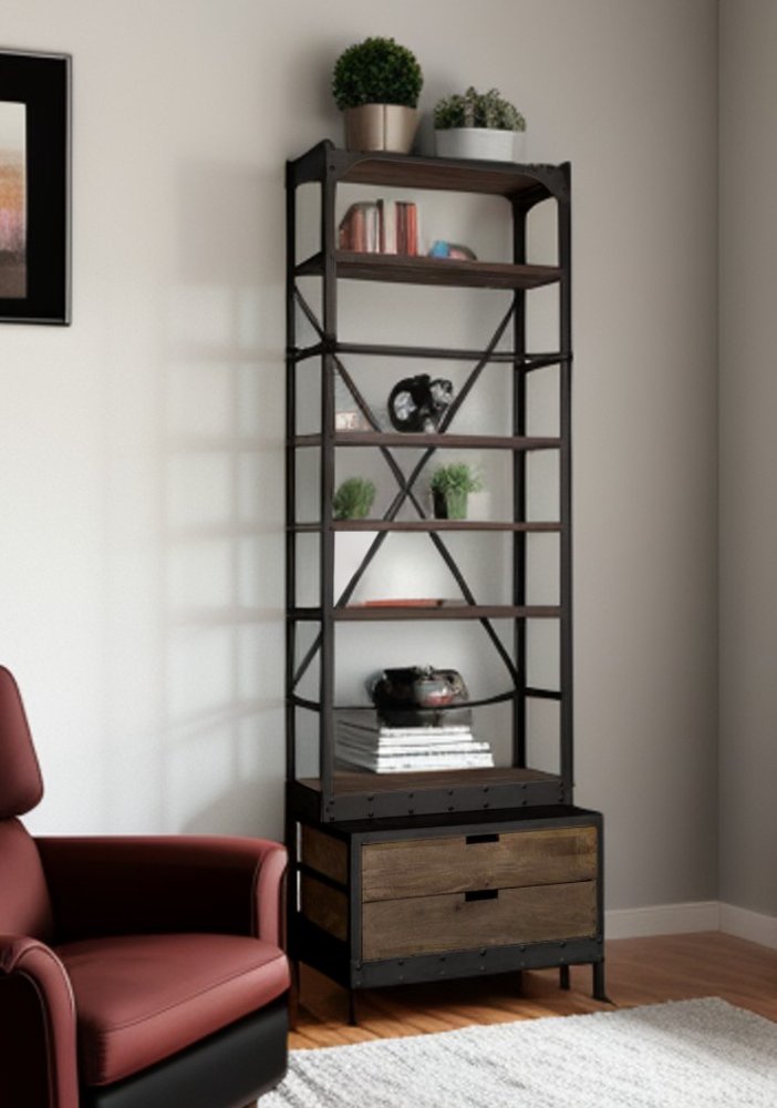 Black Iron and Solid Wood Five Tier Bookcase with Two Drawers in a home interior