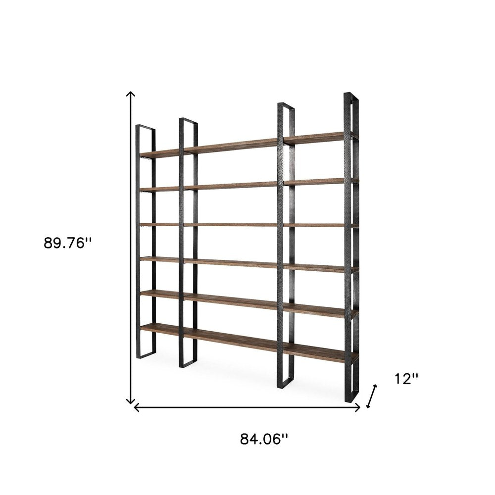 Brown Iron and Solid Wood Six Tier Bookcase - 89.76" H x 84.06" W x 12" D on a white background