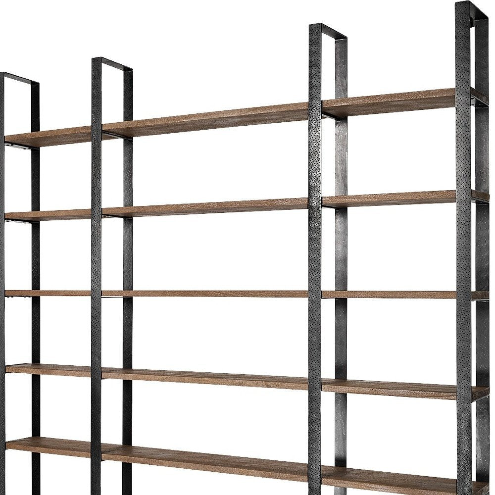Brown Iron and Solid Wood Six Tier Bookcase - 89.76" H x 84.06" W x 12" D on a white background