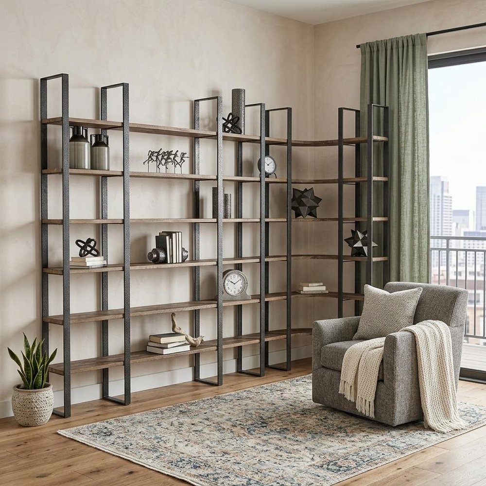 Brown Iron and Solid Wood Six Tier Bookcase - 89.76" H x 84.06" W x 12" D in a home interior