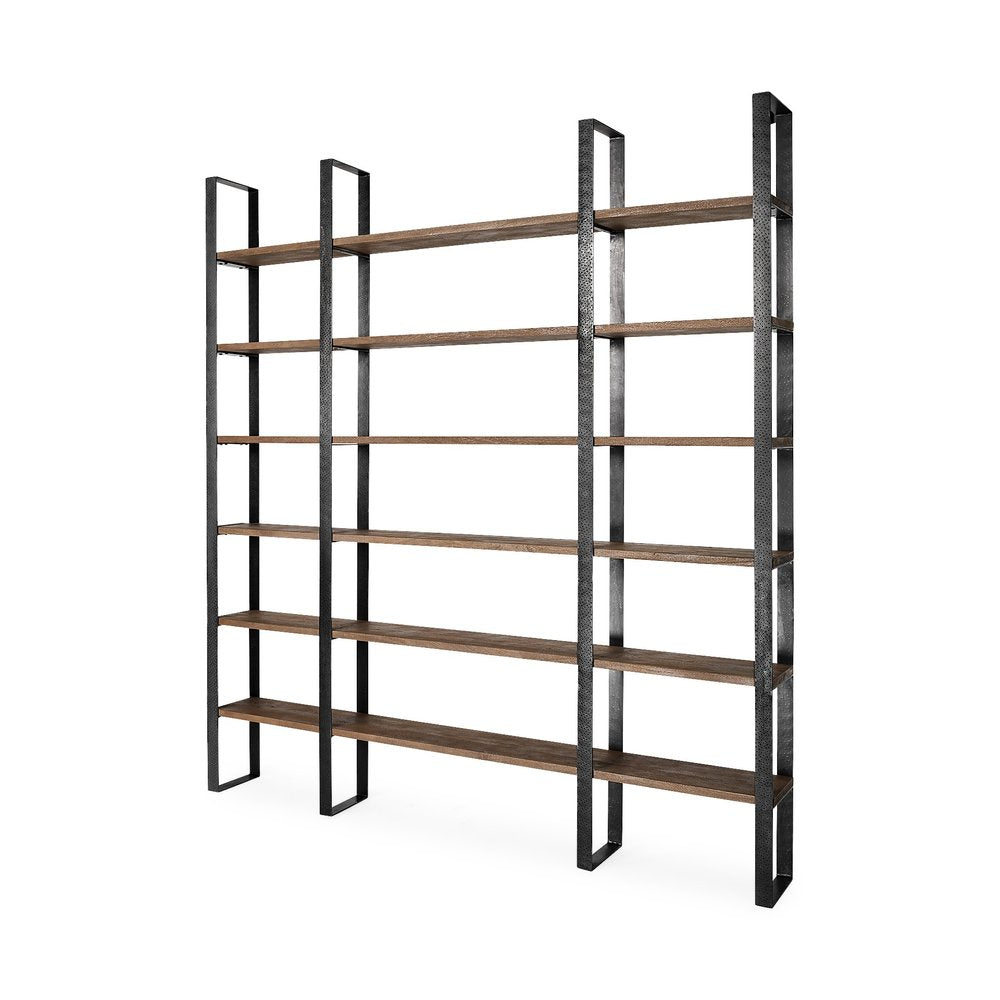 Brown iron and solid wood six-tier bookcase against a white background.