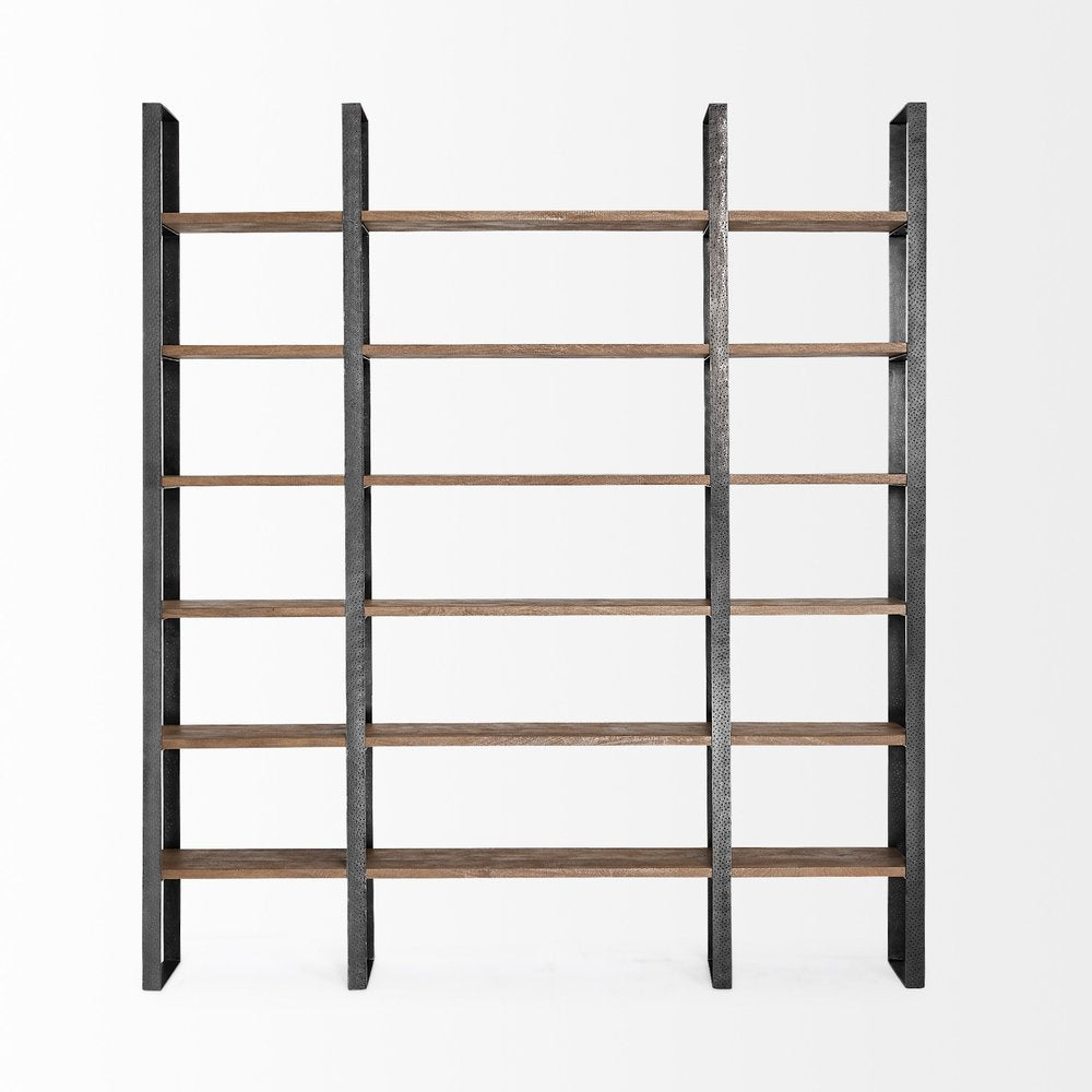 Brown Iron and Solid Wood Six Tier Bookcase - 89.76" H x 84.06" W x 12" D