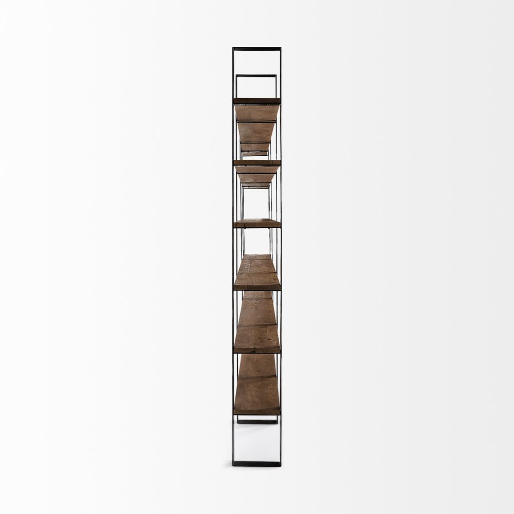 Brown Iron and Solid Wood Six Tier Bookcase - 89.76" H x 84.06" W x 12" D