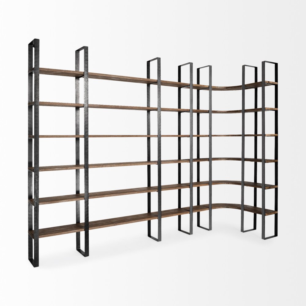 Brown Iron and Solid Wood Six Tier Bookcase - 89.76" H x 84.06" W x 12" D