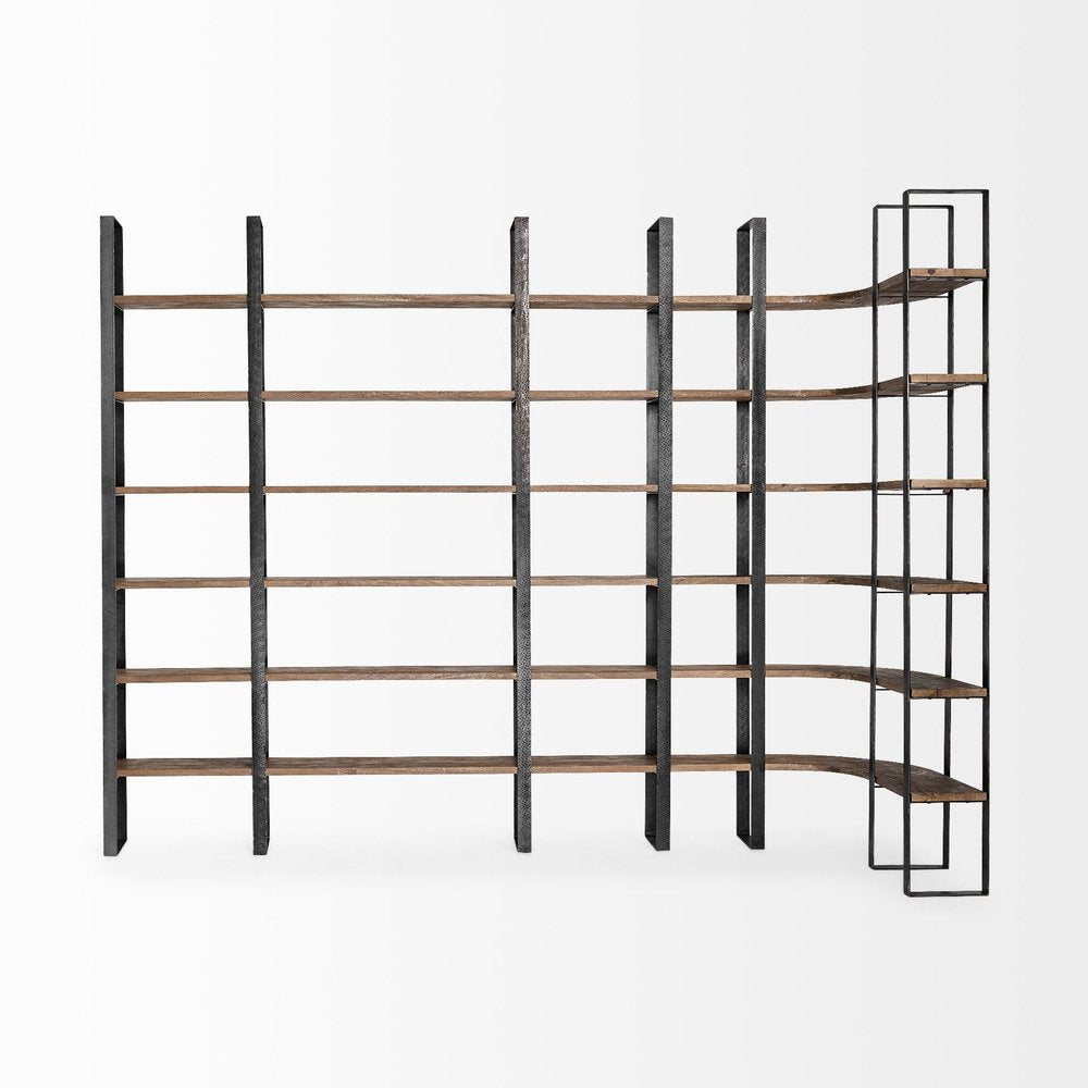 Brown Iron and Solid Wood Six Tier Bookcase - 89.76" H x 84.06" W x 12" D