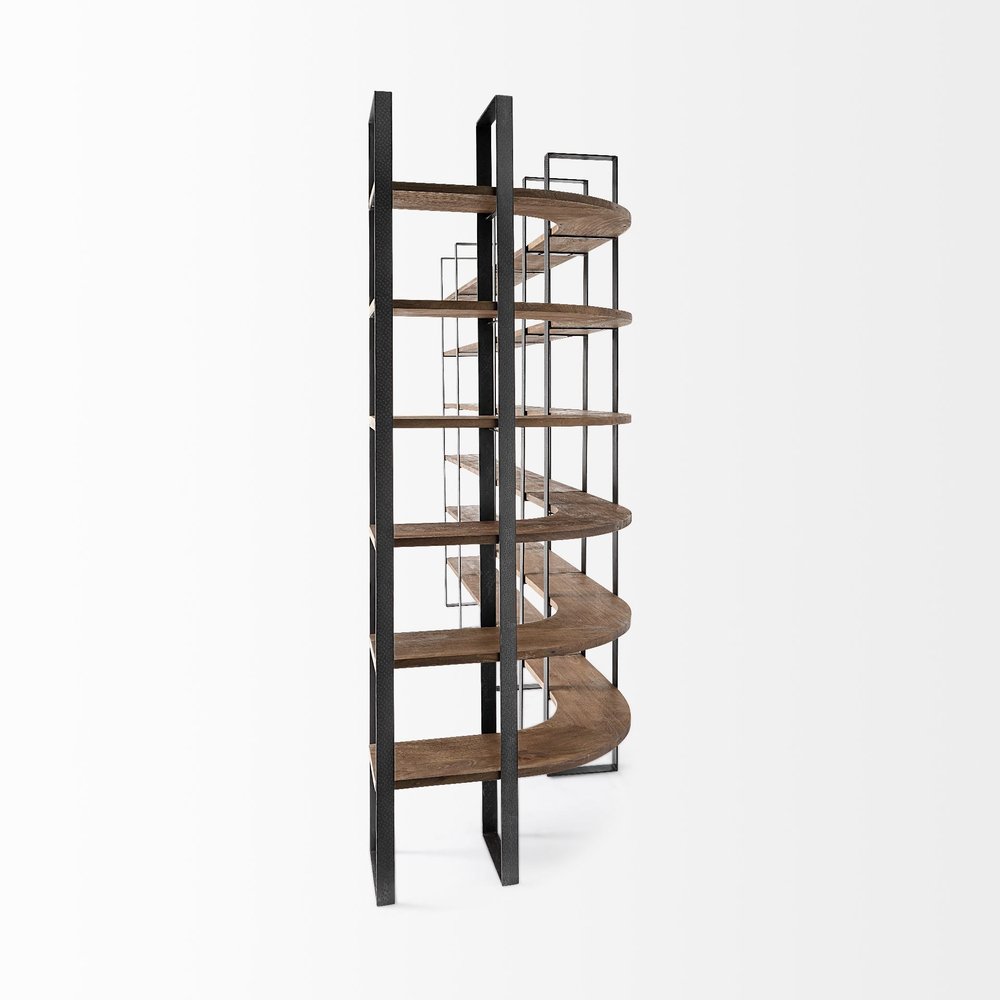 Brown Iron and Solid Wood Six Tier Bookcase - 89.76" H x 84.06" W x 12" D on a white background