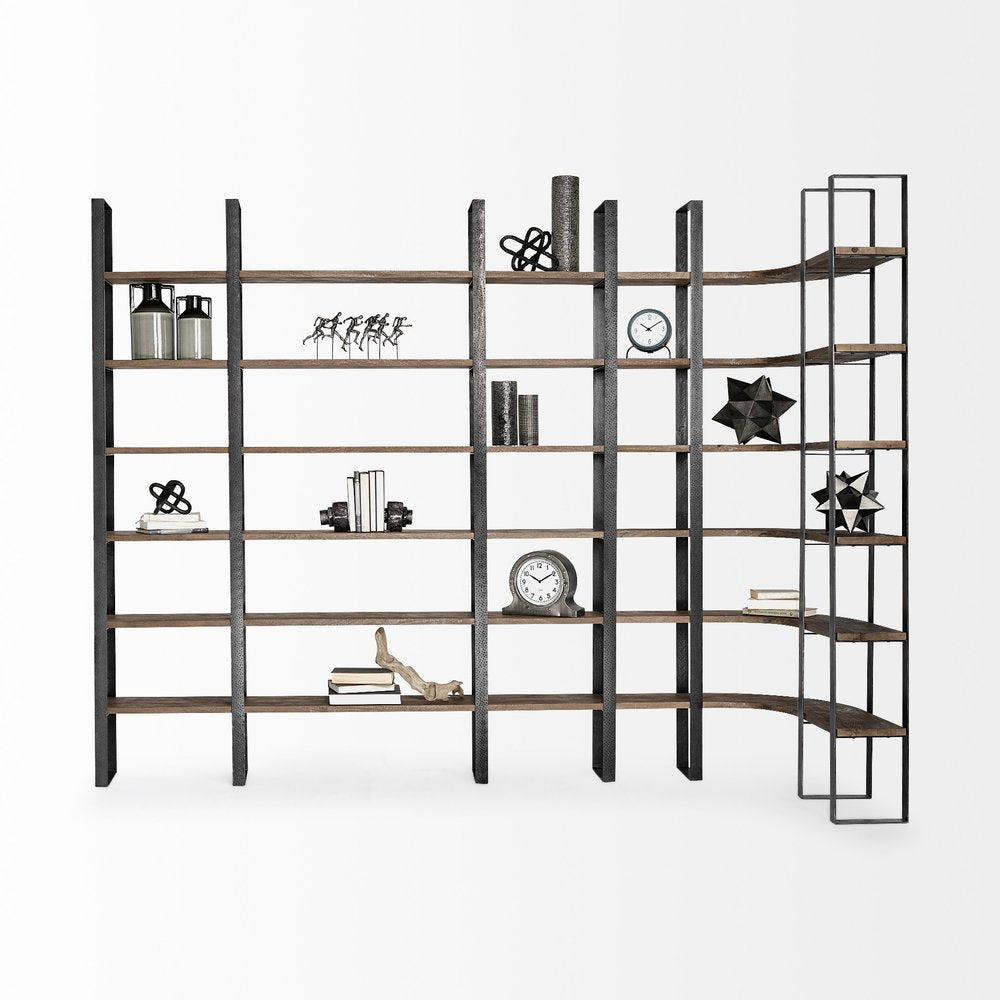 Brown Iron and Solid Wood Six Tier Bookcase - 89.76" H x 84.06" W x 12" D on a white background