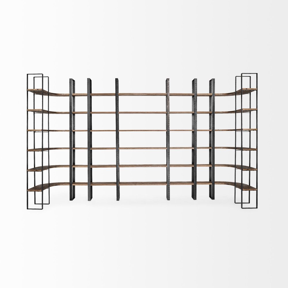 Brown Iron and Solid Wood Six Tier Bookcase - 89.76" H x 84.06" W x 12" D on a white background