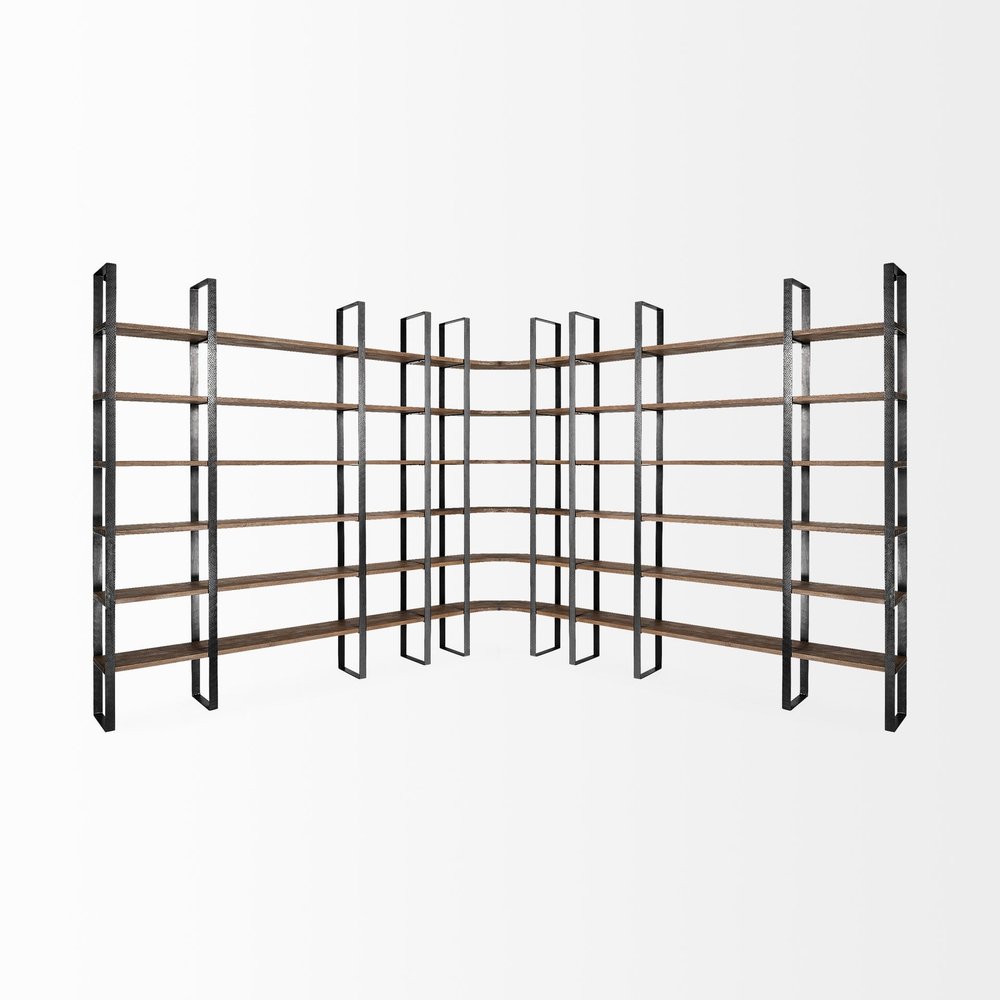 Brown Iron and Solid Wood Six Tier Bookcase - 89.76" H x 84.06" W x 12" D on a white background