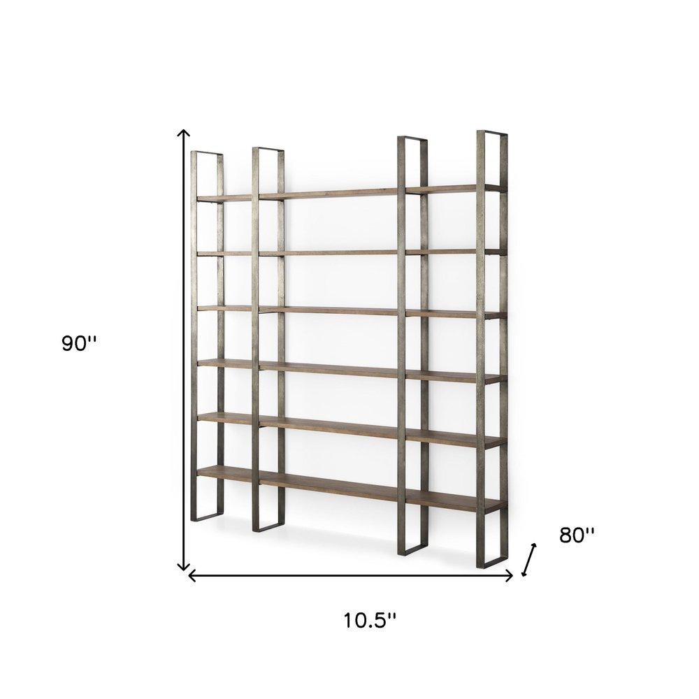 Brown Nickel and Solid Wood Six Tier Bookcase on a white background
