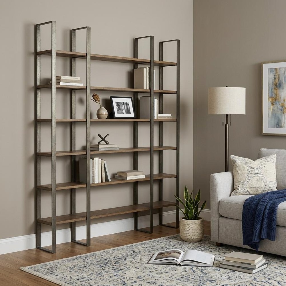 Brown Nickel and Solid Wood Six Tier Bookcase on a white background