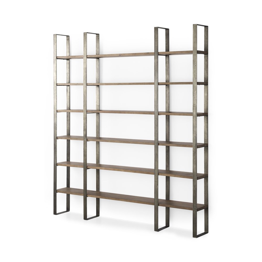 Brown nickel and solid wood six-tier bookcase against a white background.