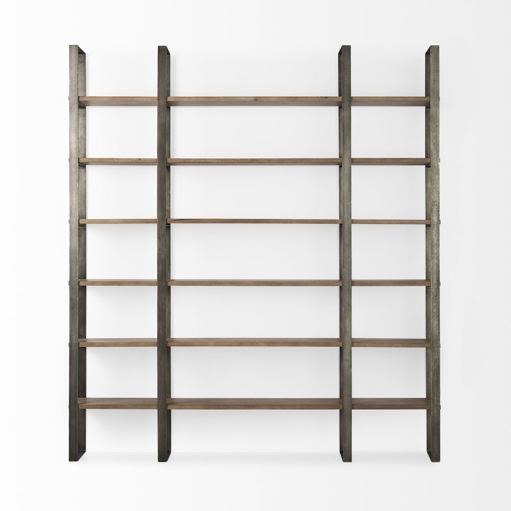 Brown Nickel and Solid Wood Six Tier Bookcase on a white background