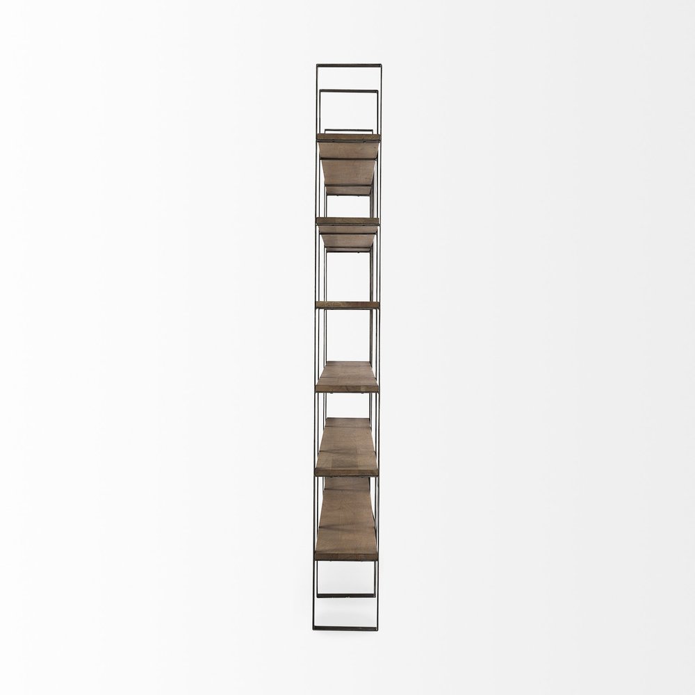Brown Nickel and Solid Wood Six Tier Bookcase on a white background