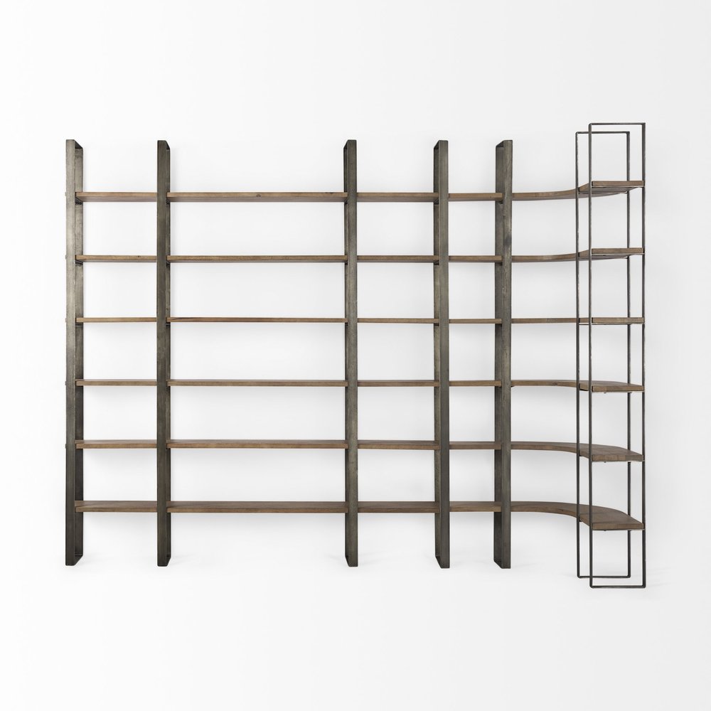 Brown Nickel and Solid Wood Six Tier Bookcase on a white background