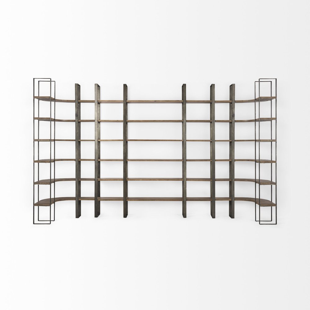 Brown Nickel and Solid Wood Six Tier Bookcase on a white background
