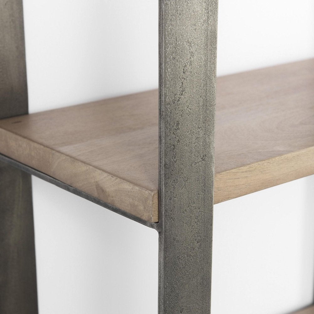 Brown Nickel and Solid Wood Six Tier Bookcase on a white background