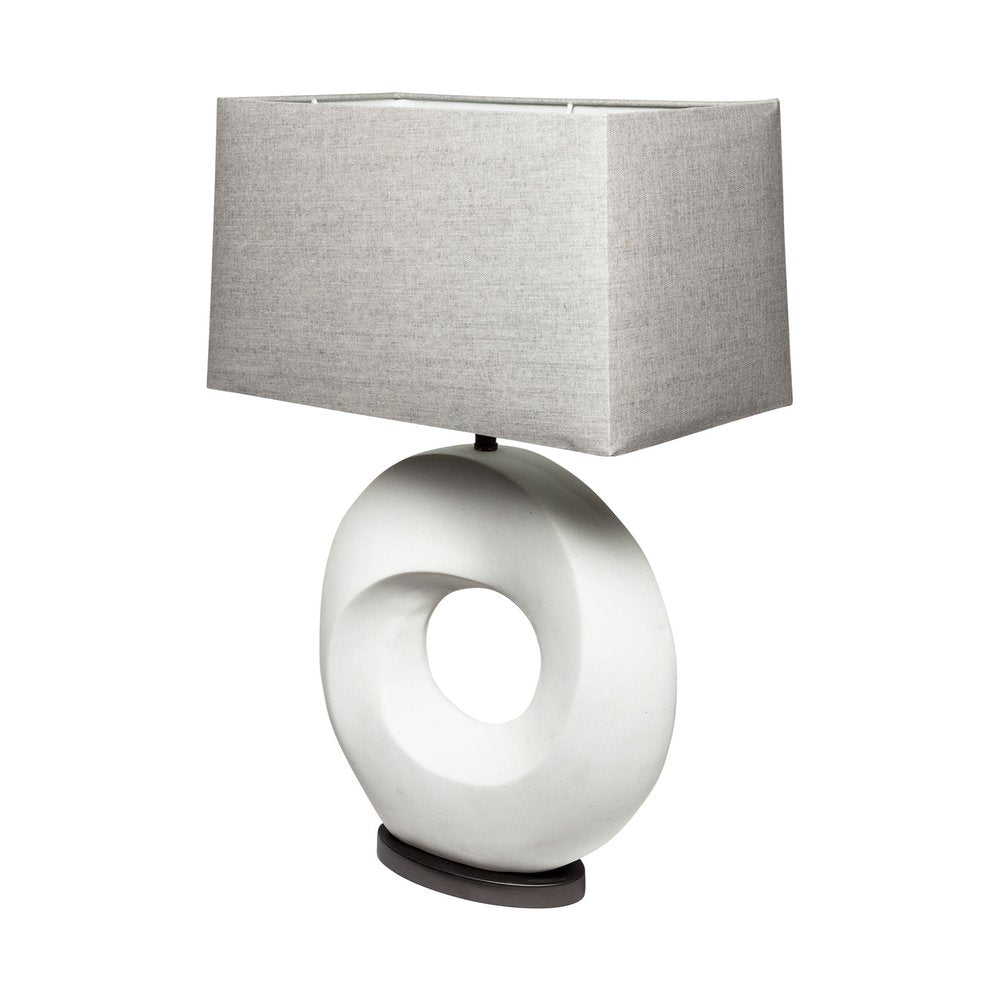 27" White Geometric Table Lamp With Gray Shade. Table lamp isolated on a plain white background, showing its white color.