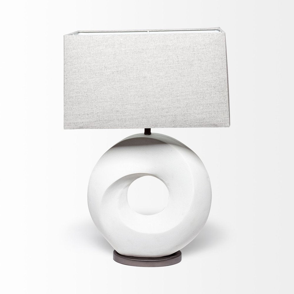 27" White Geometric Table Lamp With Gray Shade. Table lamp isolated on a plain white background, in a white finish.